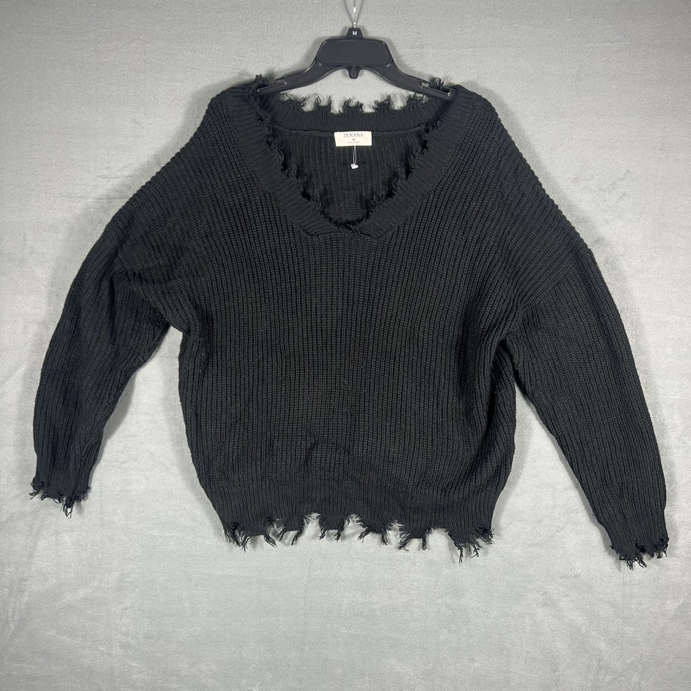 ZENANA Women's Black‎ Distressed Ribbed Knit V-Neck Sweater Size M Long Sleeve
